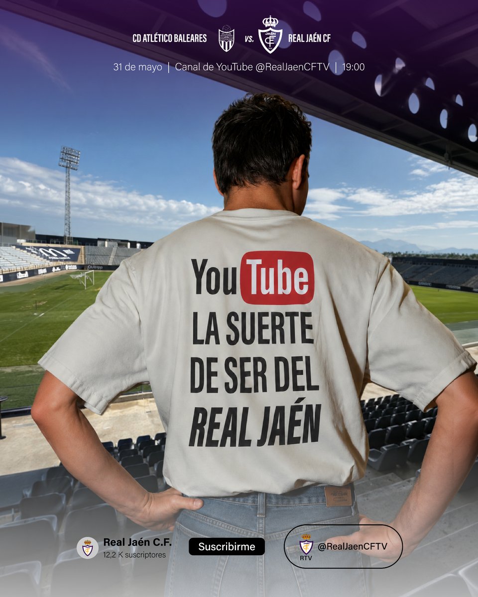 RealJaenCF's tweet photo. Recordamos que la final del playoff entre CD Atlético Baleares y Real Jaén CF se podrá VER en directo en nuestro canal oficial de YouTube

𝗦𝗶́, 𝗩𝗘𝗥 𝗲𝗹 𝗽𝗮𝗿𝘁𝗶𝗱𝗼

Sabemos que el desplazamiento a las Islas Baleares no es fácil, por eso el club ha hecho todo lo posible para que nuestra afición pueda vivir este momento

𝗘𝘀𝘁𝗮 𝗲𝘀 𝗹𝗮 𝘀𝘂𝗲𝗿𝘁𝗲 𝗱𝗲 𝘀𝗲𝗿 𝗱𝗲𝗹 𝗥𝗲𝗮𝗹 𝗝𝗮𝗲́𝗻 𝗖𝗙 💜

¡Nos vemos en YouTube!

#RealJaénCF #LaSuerteDeSerDelJaén #playoff
