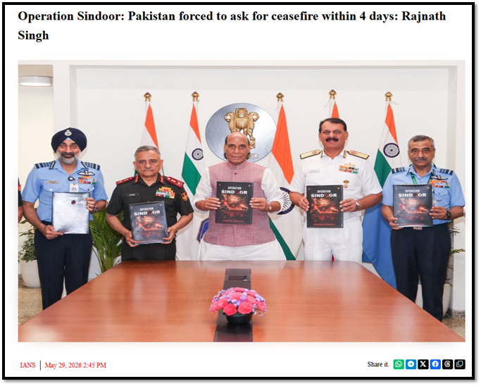 PavanKu198's tweet photo. India forced Pak to call for a ceasefire in just 4 days during Operation Sindoor – Defence Minister Rajnath Singh. A shining example of our decisive will & excellent tri-services coordination. CDS Gen Anil Chauhan, Air Chief Marshal AP Singh & Navy Chief Adm Dinesh Tripathi were present. The nation salutes our forces!