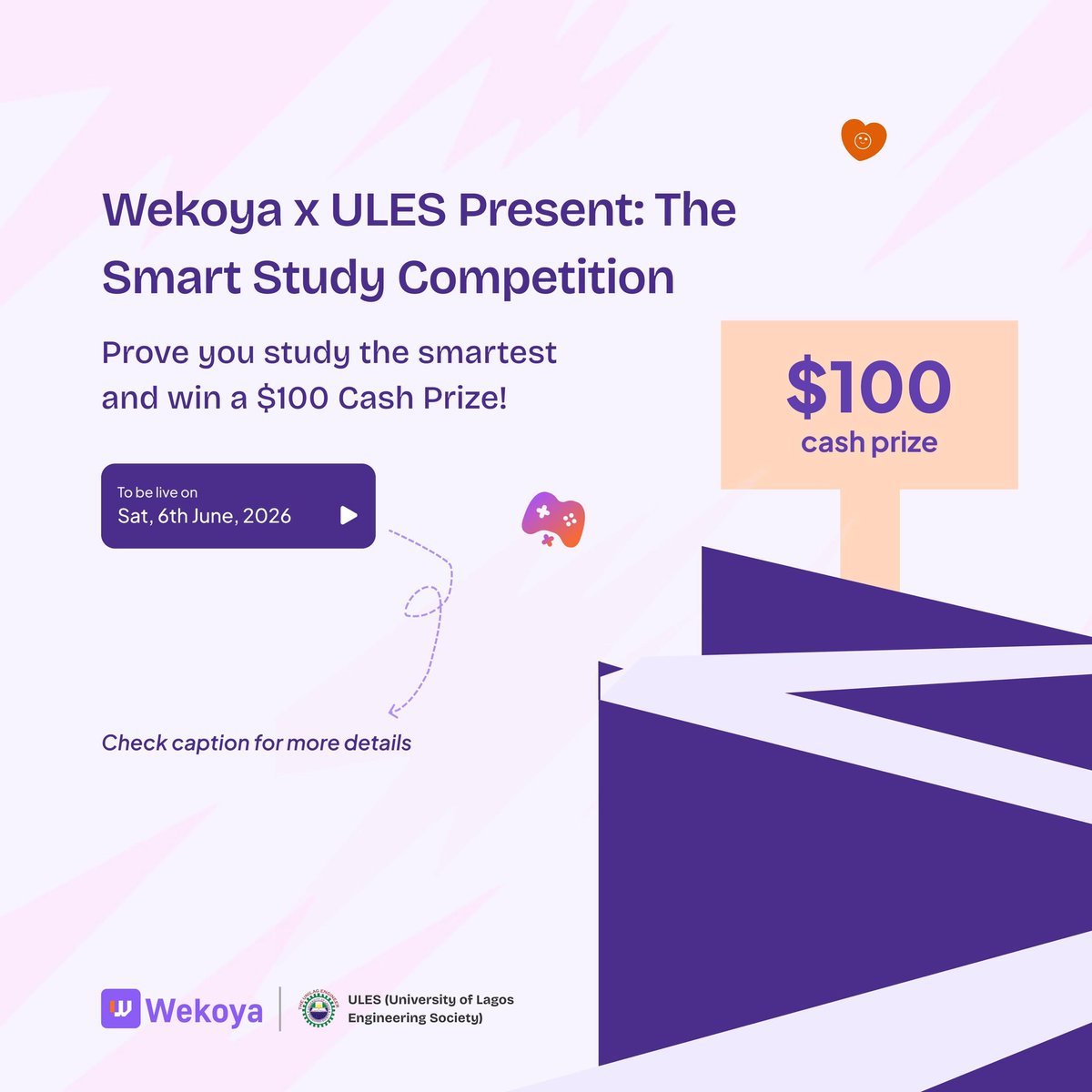 Wekoya_App's tweet photo. Wekoya Competition 2026 is here!

In partnership with the University of Lagos Engineering Society (ULES), we bring you an exciting challenge designed to test your knowledge and reward your effort.

📅 Date: Saturday, 6th June 2026
📍 Location: Wekoya Platform
💰 Grand Prize: $100 https://t.co/4AcGWIzv3q