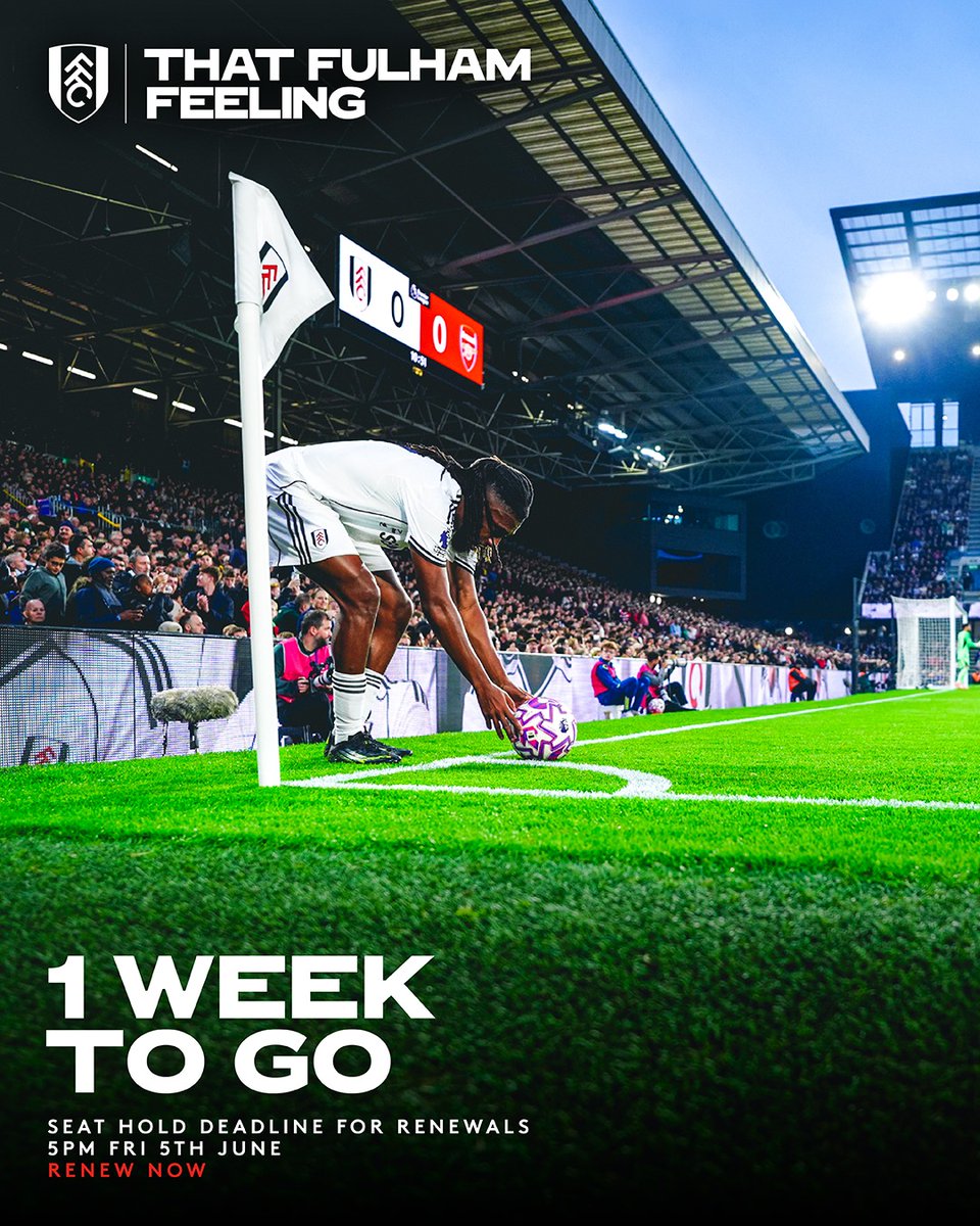 FulhamFC's tweet photo. Secure your seat for 2026/27! 🤍

The Renewal Window will close at 5pm on Friday 5th June.