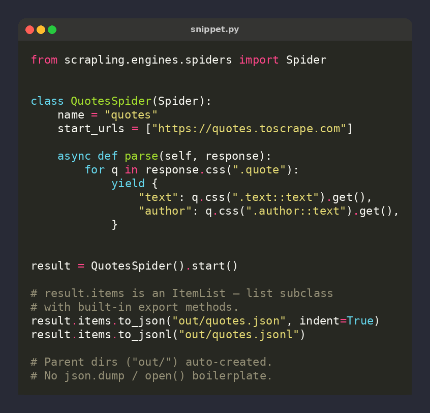 Scrapling_dev's tweet photo. 🕷️ Scrapling tip: result.items is an ItemList with built-in export methods

https://t.co/V4ql8Apy4W_json("out.json", indent=True)
https://t.co/V4ql8Apy4W_jsonl("out.jsonl")

Parent dirs auto-created. No json.dump or open() boilerplate ⚡ https://t.co/SsxNOrsv6z