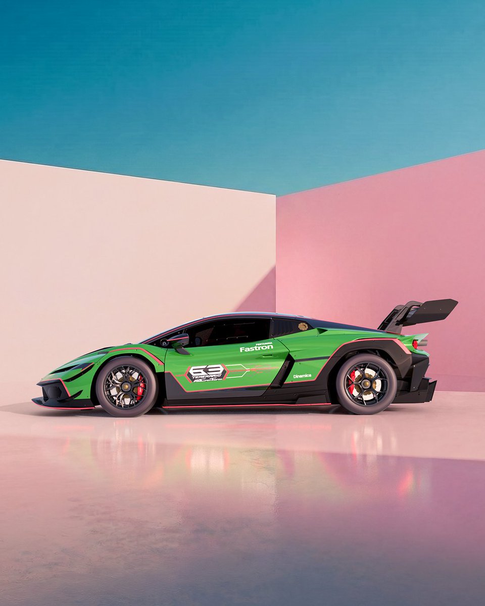 LamborghiniSC's tweet photo. Sculpted lines. Clashing colors. Power, even in stillness. Lamborghini Temerario Super Trofeo. https://t.co/j8eKARQeSm