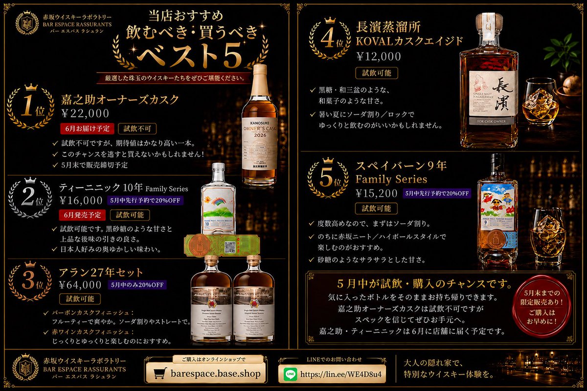 嘉之助×長濱蒸溜所の日本ウイスキー飲み比べセット」】 5/31までの期間