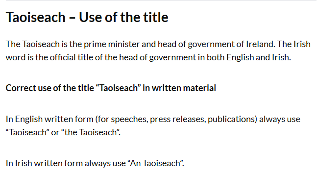 Zahn_Zee's tweet photo. @fergalreid Ironically, both sides are right in this one. The position of Taoiseach is referred to as the Prime minister in our own official documentation. But the correct way to reference or refer to the position is an "Taoiseach"

Source: https://t.co/4a86WcJqaM https://t.co/xDir5c05Iq