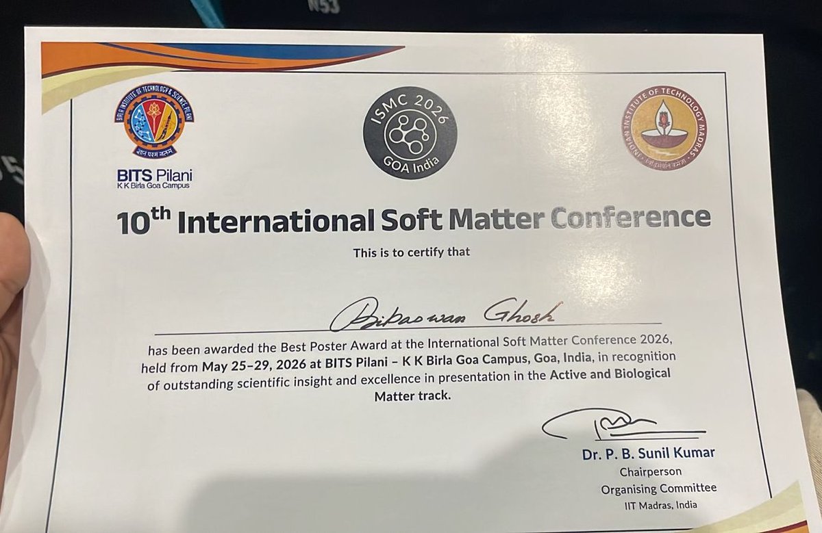 AllLivingActive's tweet photo. I am excited to share that Bibaswan Ghosh, a PhD student from our research group, won the best poster award at the International Soft Matter Conference held at BITS Pilani, Goa. 

His research is focused on elucidating decision-making in navigating groups of living organisms. https://t.co/L62ypKnM6E