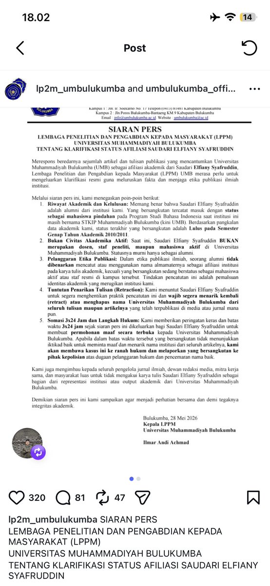 linnotlim's tweet photo. Satu hari satu plot twist dari Prihartini dkk. UMB (Bulukumba) posting surat resmi siaran pers menanggapi institusi nya di catut secara ilegal oleh Prihartini, Fajar, Shahnaz dkk. Orang normal mah minta maaf secara terbuka udah catut nama secara ilegal TAPI malah sewa buzzer? belajar dari mana sih bayar-bayar buzzer kaya gini?