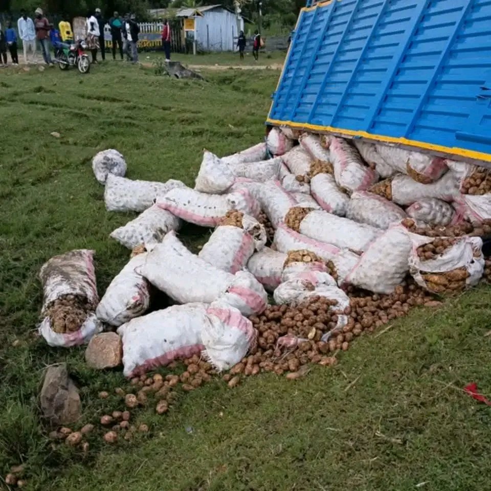 CaptainKipkorir's tweet photo. This lorry overturned at Kapkwen, Bomet. People just stare at the scene but they cannot loot, like it happens in some places. This is a culture we should maintain. https://t.co/SWVSZxN3FZ
