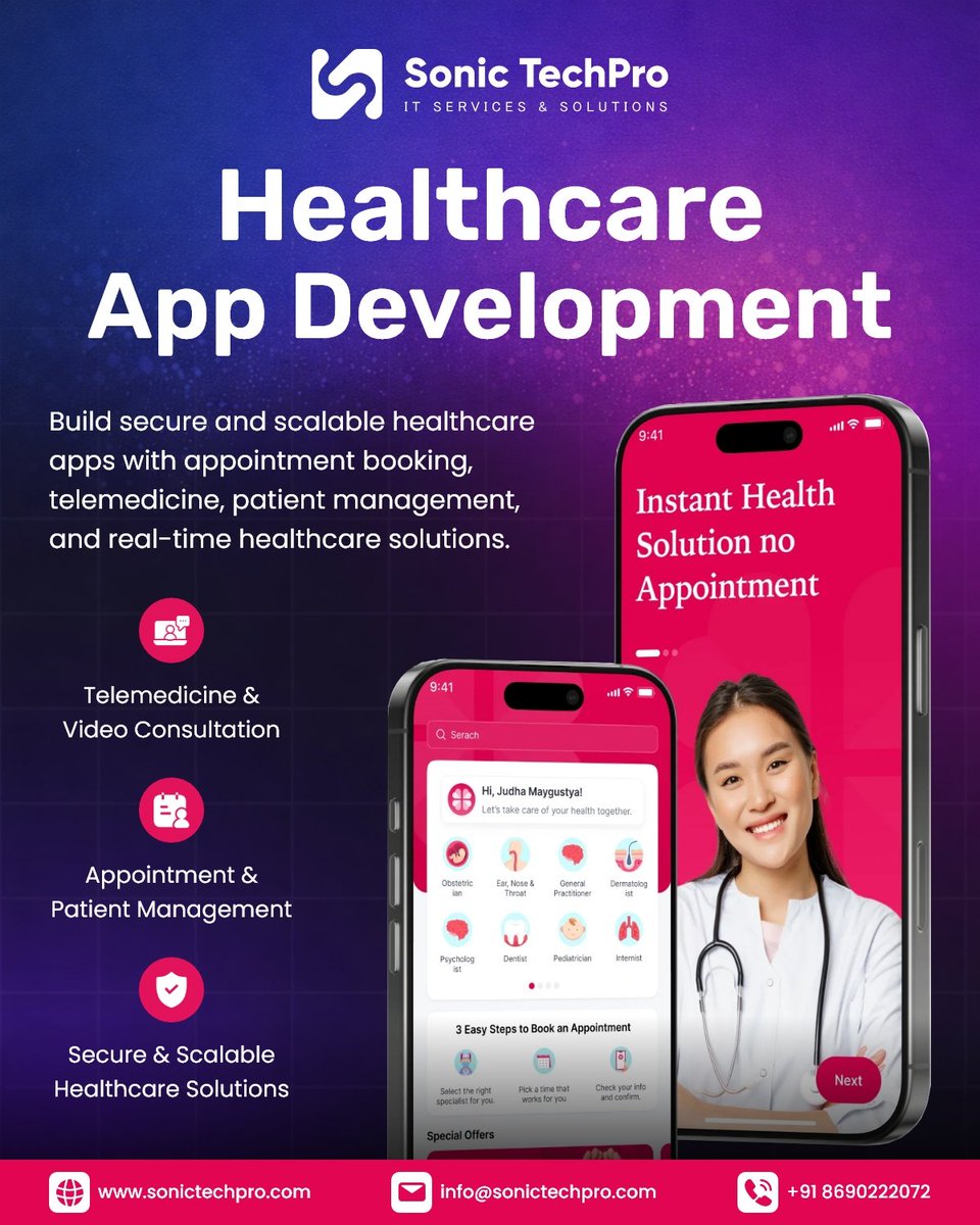 SonicTechPro's tweet photo. Healthcare is evolving through technology. 

At #SonicTeachPro, we build secure and scalable healthcare apps that improve patient experiences, enable virtual care, and support modern healthcare solutions.

#Healthcare #HealthTech #Telemedicine #AIHealthcare #AppDevelopment https://t.co/Oo7GCKsiU3