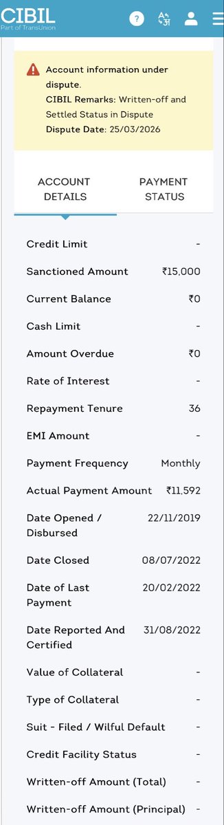 neshanth24's tweet photo. One important detail in this entire credit reporting issue:

Even after the “written-off” status was eventually removed, the matter was still not fully resolved.

The account continued to remain under dispute status.

In the end, I personally had to contact CIBIL again, explain the situation, and follow up myself to get the remaining issue resolved.

Consumers should not have to become experts in credit bureau processes to correct reporting issues.

@CIBIL_Official @IDFCFIRSTBank @RBI

#CIBIL #CreditScore #ConsumerRights #Banking