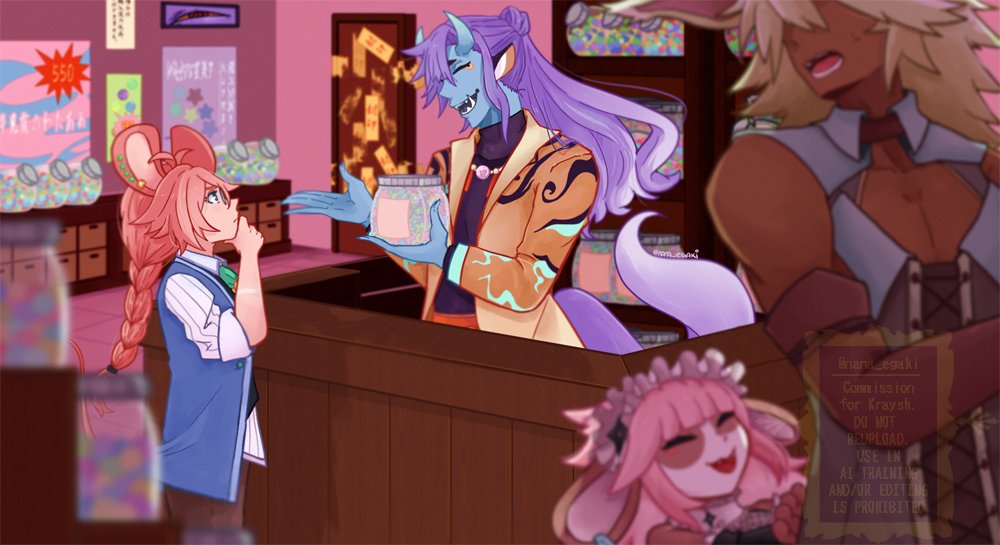 nana_egaki's tweet photo. Mochi: We have some rare books over there! I'm sure they'll be to your liking~
Tolki: H-Huh?! Wait! Cael—!!
Eiki: What a keen eye you have, dear customer! Why yes, this is one of our premium items✨
Cael: Hmm...

Commission for @KrayshKast
Thank you so much for commissioning me~! https://t.co/SlF19axk69