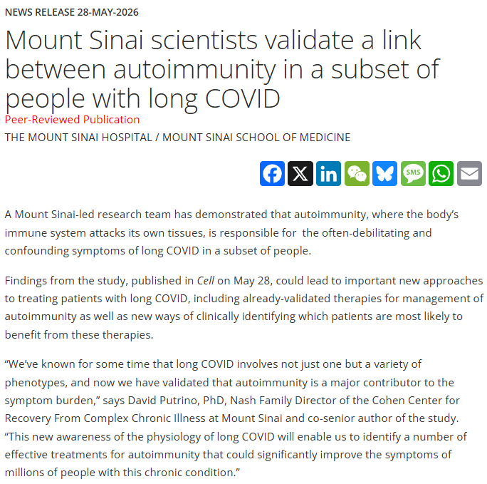 TomKindlon's tweet photo. News Release 28-May-2026:

Mount Sinai scientists validate a link between autoimmunity in a subset of people with long COVID
https://t.co/MBj6mlndk5

A causal link between autoantibodies and neurological symptoms in long COVID
https://t.co/nio5ZE3bA3

#LongCovid https://t.co/n5iBTpn5wT