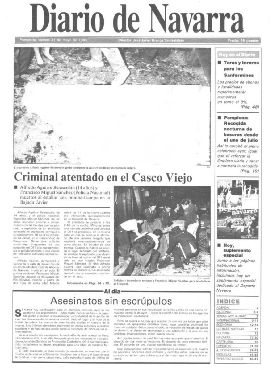MemorialVT's tweet photo. ATAÚDES BLANCOS DE ETA 

30/05/1985. Pamplona. Se cumplen 41 años del asesinato por ETA-m del niño de 13 años ALFREDO AGUIRRE BELASCOAIN. Acababa de guardar su bicicleta y estaba llamando al timbre de una vecina, donde estaba su madre, cuando fue alcanzado por una bomba. https://t.co/TmivjfNjlP