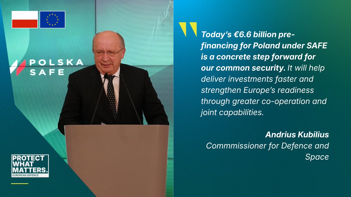 defis_eu's tweet photo. 🛡️ A key milestone for #SAFE.

🇵🇱 Poland has become the first EU country to receive a payment under the Security Action for Europe instrument: €6.6 billion, representing 15% of its total €43.7 billion allocation.

🔗 Learn more: https://t.co/twW7RGCRRg

#EUDefence #EUSecurity https://t.co/o1KwEFaEDB