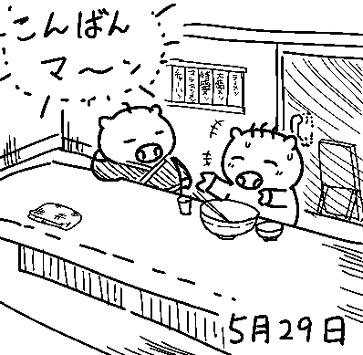 ブタさんは夜、旅行の出来事を師匠に話しているようです。 