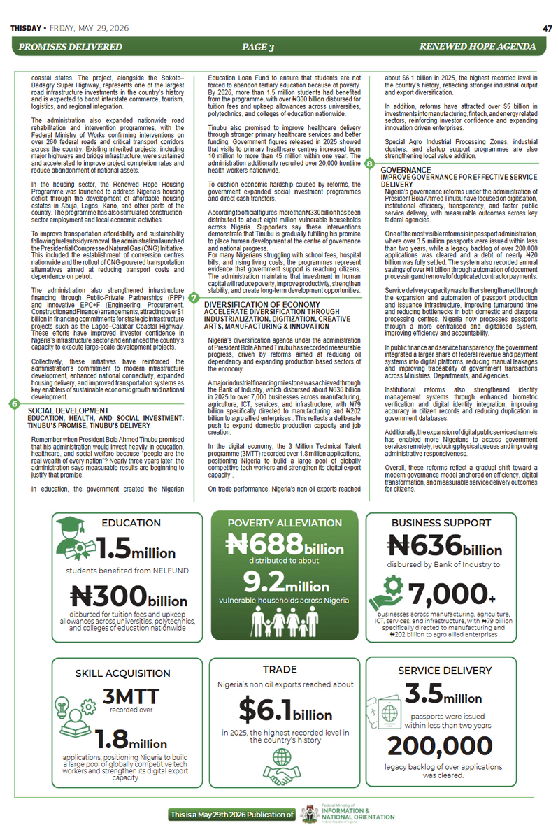 HMMohammedIdris's tweet photo. Renewed Hope, Delivered: Three Years of the Tinubu @officialABAT Administration

By Mohammed Idris

Today marks the third anniversary of the inauguration of President Bola Ahmed Tinubu, and an opportunity to reflect on the very concrete achievements of the Renewed Hope agenda – a comprehensive eight-point vision designed to touch the lives of every Nigerian and reposition our country.

The agenda – spanning energy and natural resources, agriculture, national security, macroeconomic reform, infrastructure, human capital, economic diversification, and improved governance and public service delivery – is both strategic and comprehensive, ensuring that no one is left out.

On this third anniversary we are very proud to affirm that President Tinubu has kept faith with the Nigerian people on all counts.

We have an economy that has grown to ₦441.5 trillion in 2025, up from ₦309.5 trillion in 2023. Inflation has more than halved – from the 34.80% recorded in December 2024 to 15.69% in April 2026. Nigeria's non-oil exports surged to $6.1 billion in 2025, an 11.5% increase over 2024; while Federation tax revenue collection rose from ₦19.9 trillion in 2023 to ₦28.3 trillion in 2025.

Monthly disbursements by the Federation Account Allocation Committee (FAAC) have doubled to over ₦2 trillion, from less than ₦1 trillion in 2023, while foreign capital inflows have grown nearly 90% – from $12.32 billion in 2024 to $23.22 billion in 2025. External reserves have this year hit a thirteen-year high of $50 billion.

Under President Tinubu, the Nigerian Exchange Group's All Share Index (ASI) has surpassed the 250,000 mark – up from 55,000 in May 2023. Equity market capitalisation is up five-fold, to ₦160 trillion.

Oil and gas continue to be a mainstay of our national economy, even as we pursue diversification and grow our non-oil exports and revenues. Our oil production increased by 400,000 barrels per day between 2023 and 2025, delivering the highest onshore production level in 20 years. In 2024 and 2025, Nigeria captured 40% of the value of Africa's upstream petroleum final investment decisions (FIDs), amounting to over $8 billion.

In the midstream petroleum sector, the Presidential CNG and Electric Vehicle initiative has mobilised over $2 billion in public and private investments, creating tens of thousands of new jobs while providing transport relief to hundreds of thousands of Nigerian commuters and households.

The National Education Loan Fund (NELFUND) has now benefited over 1.5 million students across 301 institutions, disbursing close to ₦300 billion in student loans and upkeep allowances.

In 2025, Nigeria formally exited the Financial Action Task Force (FATF) grey list, marking a new era in the fight against money laundering and terrorist financing.

Looking at where Nigeria stood when President Tinubu came into office, and where it stands today, there is no doubt that carefully designed reforms have helped the country navigate one of the most challenging eras in its history. We have resolved the previously intractable fuel subsidy problem, brought our tax laws into the 21st century, and built a more transparent and accountable fiscal architecture.

A new and enhanced chapter of cooperation with the United States and other partners is delivering significant security gains. Just a few weeks ago, this collaboration helped neutralise one of the most wanted terrorists in the world.

There is still so much to be done, especially in the area of security, which is why it has been one of the biggest areas of recent focus for the President. In addition to investments that will strengthen security and intelligence capabilities, welfare and morale, President Bola Ahmed Tinubu is determined to be the Nigerian President who accomplishes the long-awaited fundamental restructuring of Nigeria's security architecture at its very roots.

One of the most practical manifestations of this reform is the establishment and implementation of State Police – reordering a longstanding system so that the security and safety of our communities emerges organically from within, instead of being imposed from far away.

In August 2023, President Tinubu handed me a mandate as Nigeria's Minister overseeing the information and national orientation portfolio. We have worked very hard to advance the Ministry's priorities: restoring credibility to public communications, amplifying the government's policies and programmes, putting our national values back on the national agenda, creating a more enabling environment for the media industry, and modernising technology and talent in our public information systems.

Last November Nigeria received the formal affirmation from UNESCO to host a first-of-its-kind International Media and Information Literacy Institute in Abuja. And next month, we will usher in one of the biggest technology leaps ever seen by Nigeria's broadcast industry – the completion of the long-delayed transition from analogue to digital.

Through partnership and dedication, we have successfully leveraged satellite technology to break a decades-long jinx, and Nigerians will see the impact on their television screens starting next month: a surge in the quality of content, transmission, and competition.

There is much more to highlight than space will permit, but the message is clear and irrefutable: President Tinubu and his administration have boldly confronted Nigeria's toughest challenges, and the country is emerging victorious on all fronts. 

We will not slow down or rest – instead we will double down to advance the gains until they cannot be reversed or undone.

Mohammed Idris, fnipr, is Nigeria's Minister of Information and National Orientation.