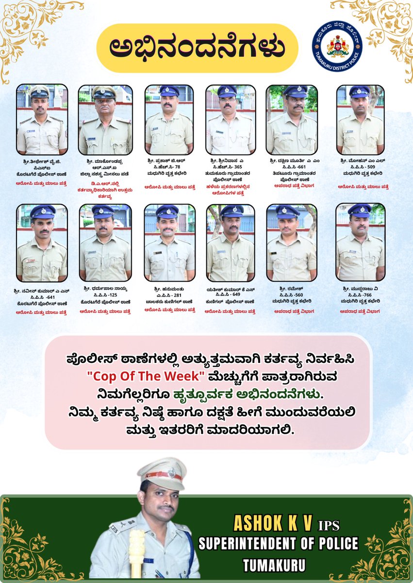 SPTumkur's tweet photo. ಪೊಲೀಸ್ ಠಾಣೆಗಳಲ್ಲಿ ಅತ್ಯುತ್ತಮವಾಗಿ ಕರ್ತವ್ಯ ನಿರ್ವಹಿಸಿ "Cop Of The Week" ಮೆಚ್ಚುಗೆಗೆ ಪಾತ್ರರಾಗಿರುವ ನಿಮಗೆಲ್ಲರಿಗೂ ಹೃತ್ಪೂರ್ವಕ ಅಭಿನಂದನೆಗಳು💐.
ನಿಮ್ಮ ಕರ್ತವ್ಯ ನಿಷ್ಠೆ ಹಾಗೂ ದಕ್ಷತೆ ಹೀಗೆ ಮುಂದುವರೆಯಲಿ ಮತ್ತು ಇತರರಿಗೆ ಮಾದರಿಯಾಗಲಿ.
#TumakuruDistrictPolice
@venkatashok
#CopOfTheWeek
#GoodWork https://t.co/DatKk6oRDQ
