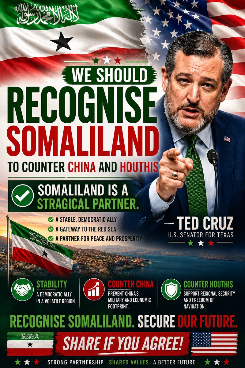DavidGreenhh's tweet photo. Senate Ted cruz Intensifies push for US to  recognise Somaliland.
A strategic partner for stability, security, and freedom of navigation in the Horn of Africa.  Countering  China. Countering the Houthis. #Washington 
#Somaliland #USA #Security #HornOfAfrica https://t.co/zCVbhX23Vt