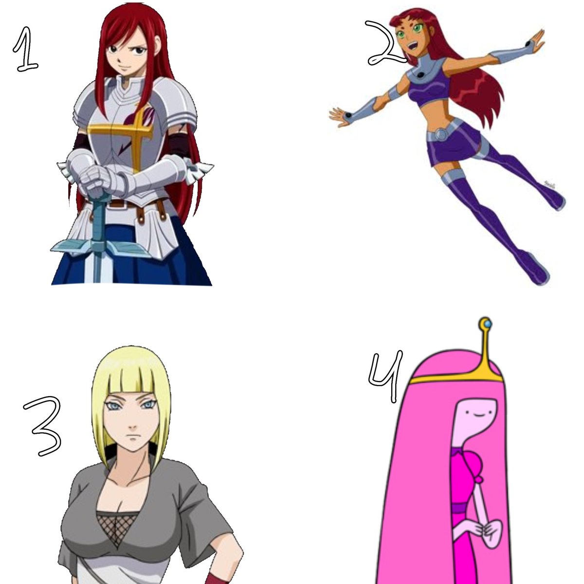 Treepill64's tweet photo. Month Poll only for supports
1-Erza
2-Starfire
3-Samui
4-bubblegum https://t.co/tLQz4K7WSh