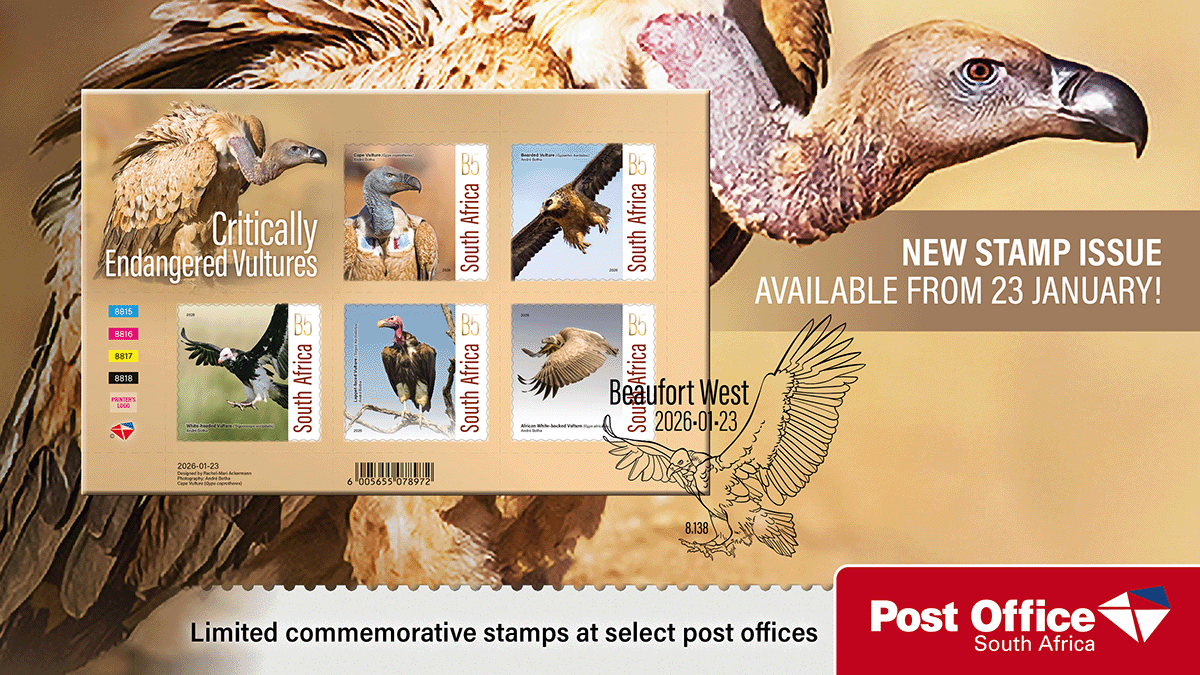 PostofficeSa's tweet photo. Stamp collectors and bird lovers. The Vultures stamps are available at selected post office branches. Don’t miss the opportunity to own these unique stamps celebrating one of nature’s most important birds. #VulturesStamps #StampCollection #Philately https://t.co/9KDICWTkJk