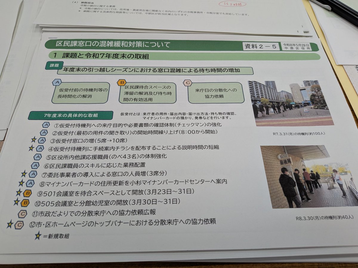 jiro_ichiko's tweet photo. 中原区選出議員と区役所職員の皆さんとの意見交換会。
・川崎市総合防災訓練
⇨10/25住吉中、平和公園で開催決定✨住吉高校も風水害時の避難場所になってる。住吉高校も含めて開催するべきでは？
「住吉高校にも協力をお願いする」
👍
・土のうステーション設置
⇨区側から各町会にアプローチして設置を促すべきでは？
「周知する」
👍
・中原区役所大混雑問題。
⇨平均待ち時間は改善👏最長待ち時間は更新してしまったが現場の区役所職員の皆さんのご尽力に感謝😌ところで昨年度区民課の3月平均残業時間は54.3時間。改善は？
「残業時間の改善にまで至っていない」
🥲
・等々力緑地再編整備。
緑の基本計画に樹冠被覆率が明記された。この計画に基づき整備していくのか？
「上位計画に基づき整備していく」
🙂
最前線で対応する区役所職員の皆さんに感謝しつつ、引き続き。