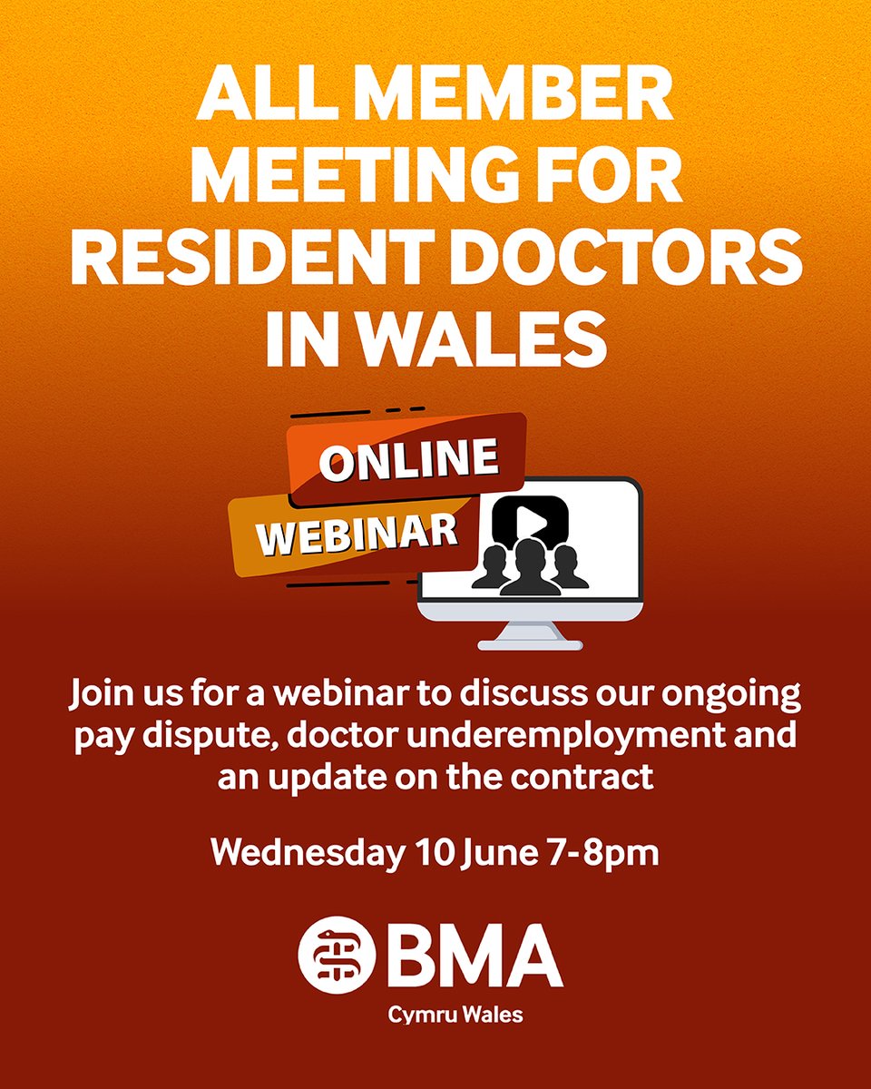 BMA_WRDC's tweet photo. 📢Resident doctor members in Wales
👨‍💻Join our webinar 7pm, 10 June to find out more about...
🪧Our trade dispute over pay &amp; jobs
🏥 Medical underemployment
📰Our new contract

🔗Register and submit a question ⬇️
https://t.co/kYJaXt60lp https://t.co/Qmtdva1b61