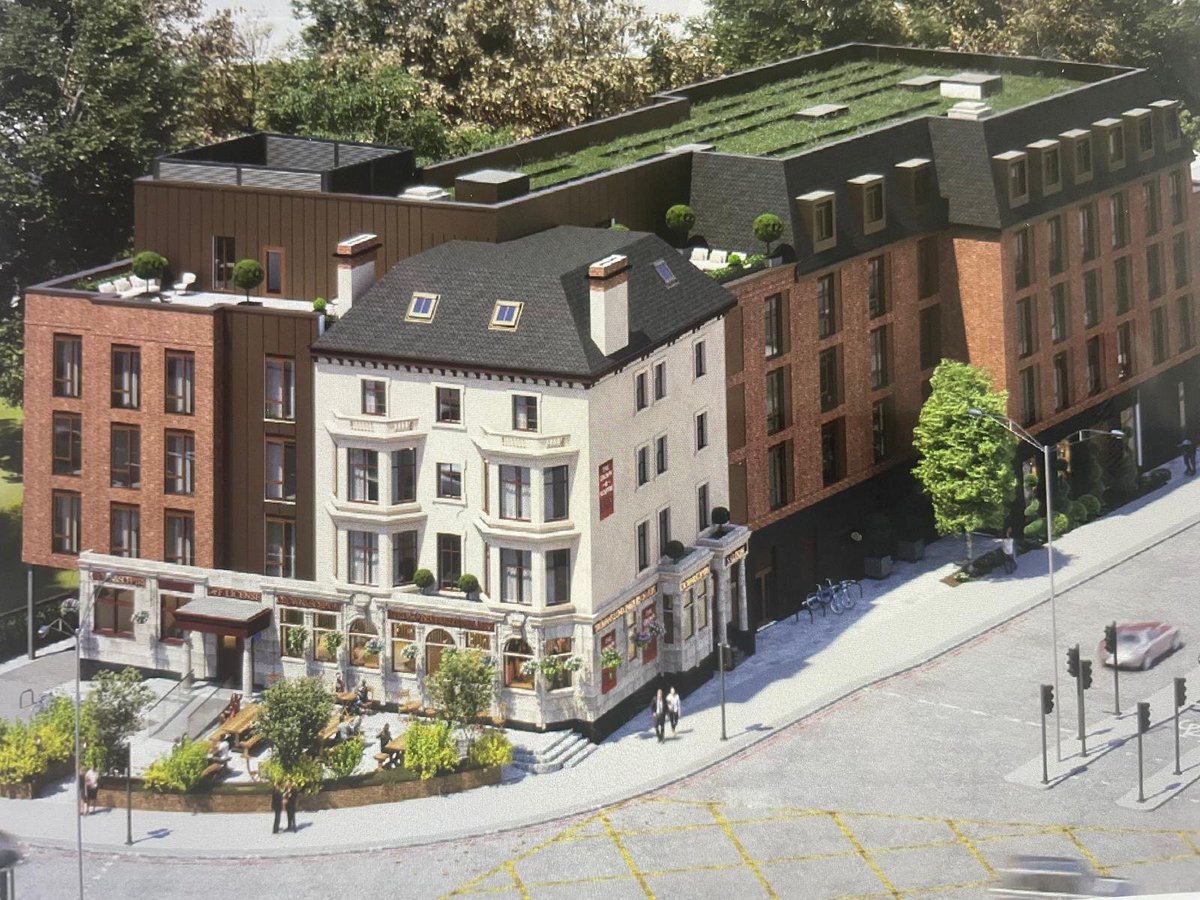RJDoyleSW2's tweet photo. @andrewpconnell Lambeth's planning site has been more down than up recently!

Here is the developer's visualisation of their plans. The existing C19th pub gets stretched  upwards by adding an extra storey to the bay windows and raising the cornice height by a further storey. https://t.co/9a5C2qChSf