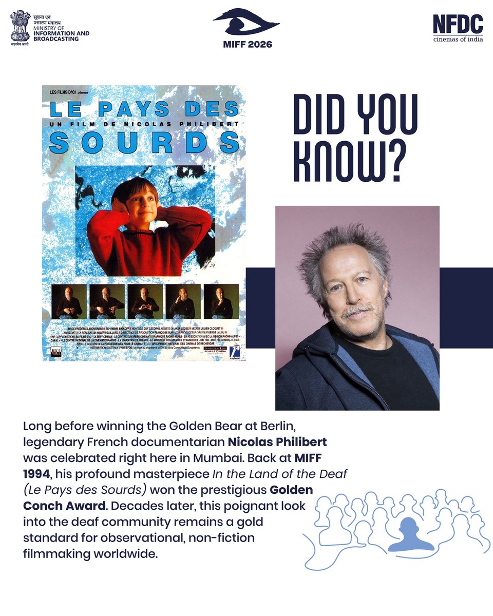 nfdcindia's tweet photo. Long before capturing the Golden Bear at the Berlin International Film Festival, legendary French documentarian Nicolas Philibert left an indelible mark right here in Mumbai. At MIFF 1994, his profound masterpiece In the Land of the Deaf (Le Pays des Sourds) claimed the prestigious Golden Conch Award, proving that MIFF has always been the premier launching pad for global cinematic masterpieces.

For filmmakers, students, and cinephiles alike, this festival is your window to the world's most transformative non-fiction storytelling. Don't miss the chance to witness the next generation of global classics unfold live on the big screen.
Scan the QR code to secure your pass today.

#MIFF2026 #NicolasPhilibert #GoldenConch #Documentary #DelegateRegistration