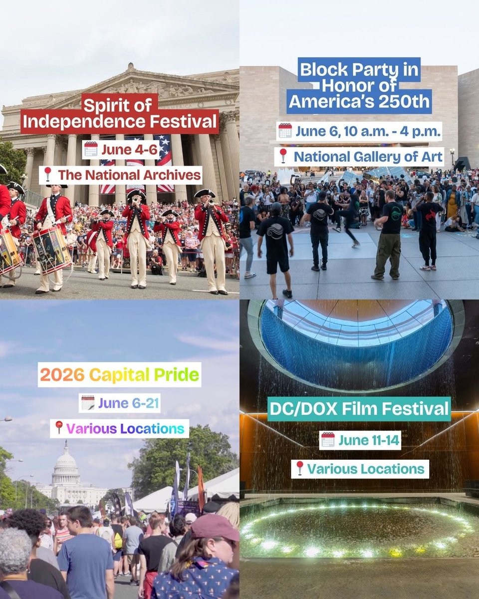washingtondc's tweet photo. DC is the place to be in 2026 ☀️ From warm-weather weekends and summer festivals to major sports moments and #DC250 celebrations, there’s something happening all season long ⭐️

🎥 : vye_photos, usnatarchives, bbqindc, ngadc, capitalpridedc / IG Visit Washington DC #Only1DC https://t.co/2igsDW1Qm4