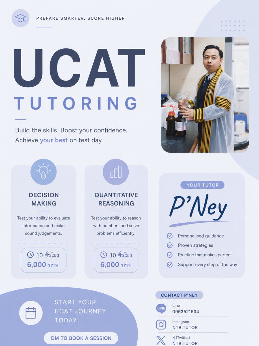tbatney's tweet photo. ใกล้สอบUCATแล้ว มาเตรียมตัวกันเถอะ!
UCAT
- Decision Making 
- Quantitative Reasoning 
ไม่ยากถ้าเตรียมตัวมาดี
ราคาพิเศษ 10 ชั่วโมงปกติ8,000บาท
เหลือ 6,000บาท  สนใจDM มาได้เลย

#UCAT #dek70 #สอบเข้าหมอ
#tbat #cuaat #แพทย์ https://t.co/NcKKUeUMMp