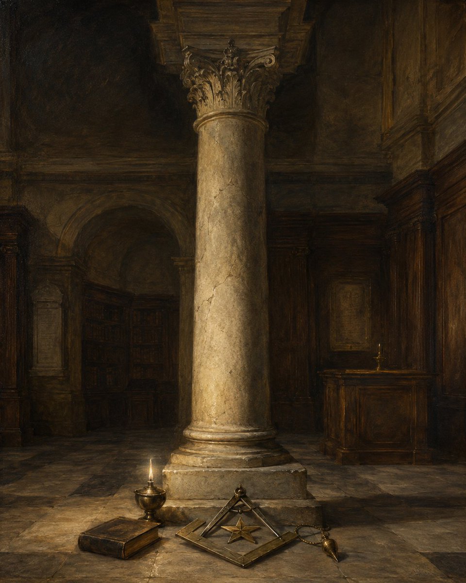 CoMasonry's tweet photo. Across sacred architecture, the column signifies support, elevation, and ordered strength. It receives weight from above and transfers that burden into the foundation. Its beauty depends upon fitness: base, shaft, capital, proportion, and placement each serve the law of bearing.  

As a Masonic symbol, the column gives conscience an architectural image. A conscience fit to bear weight has been trained in truth, temperance, courage, justice, and fidelity. These virtues support the unseen roof of communal life. When they weaken, the visible structure may remain impressive for a season, yet strain has already entered the building.  

Ancient temples, civic halls, libraries, and lodges all understand the same lesson in stone: what rises must be supported by what stands. A human being also becomes a column for others. A parent, officer, teacher, craftsman, friend, or initiate may carry burdens that never appear in public honor. The question is whether the inner shaft has been strengthened for the load entrusted to it.  

The column teaches that nobility is measured by the capacity to bear rightly. Strength exists for the preservation of order, the shelter of the vulnerable, and the support of work whose completion may belong to generations still unseen.