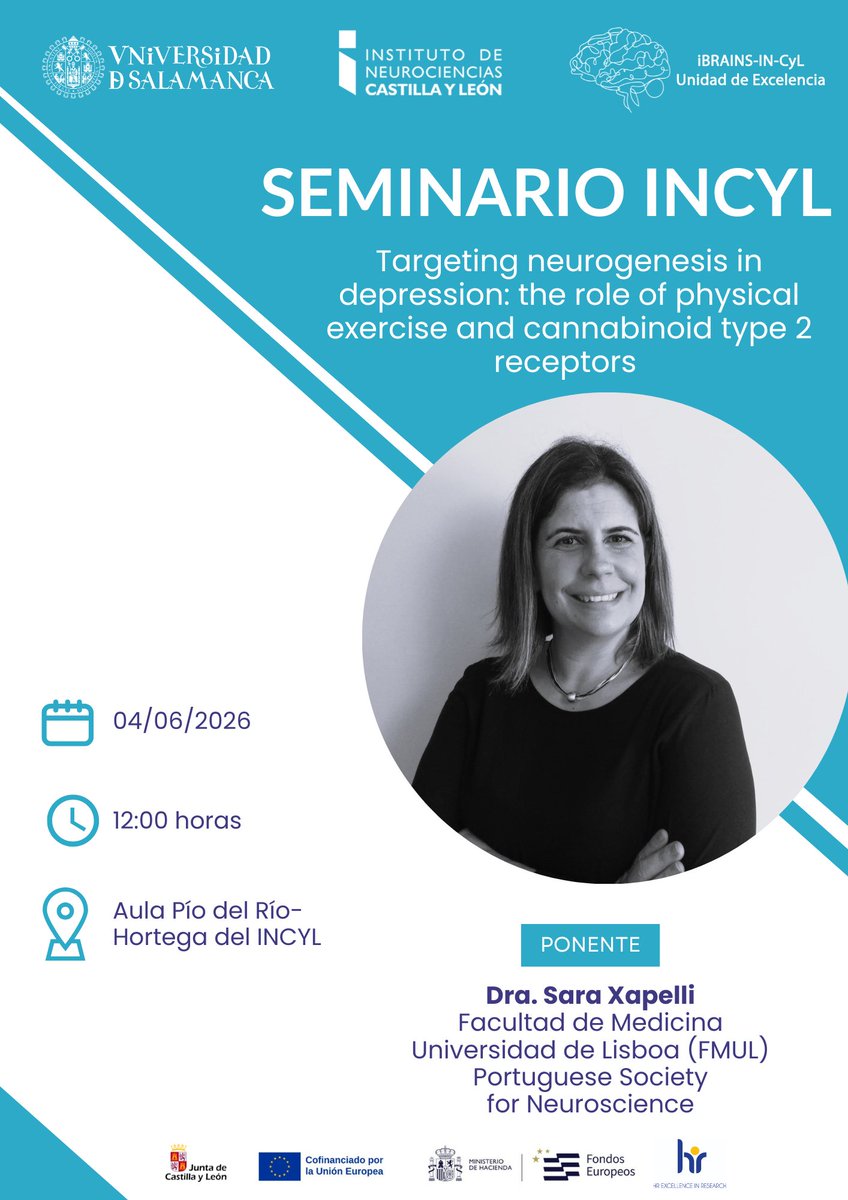 Incyl_Usal's tweet photo. #SeminarioINCYL: Targeting neurogenesis in depression: the role of physical exercise and cannabinoid type 2 receptors
👨‍🔬 Sara Xapelli  
🏫 INCYL  
📆 4 de junio de 2026  
🕛 12:00 horas https://t.co/8jScGf4Mgz