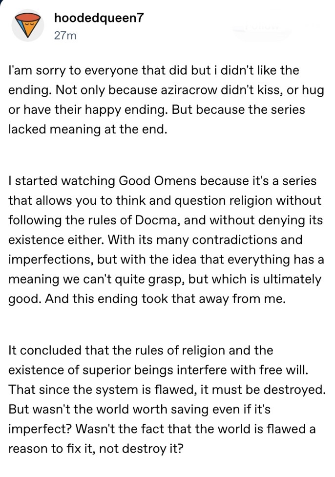 BerylStapleton's tweet photo. Great post about the Good Omens finale from hoodedqueen7 on Tumblr.

Link in first reply.

#GoodOmens3Spoilers #TumblrEssay https://t.co/lRXmqsCeDY