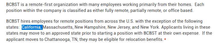 ghiblimagicdev's tweet photo. Bummer to get deep in an application and see that they don't accept residents from CA, unless they move to another state.

Really wish Blue Cross of Tennessee would of mentioned that in the job description 🙄

The joys of the job hunt https://t.co/r7KXZyA79X