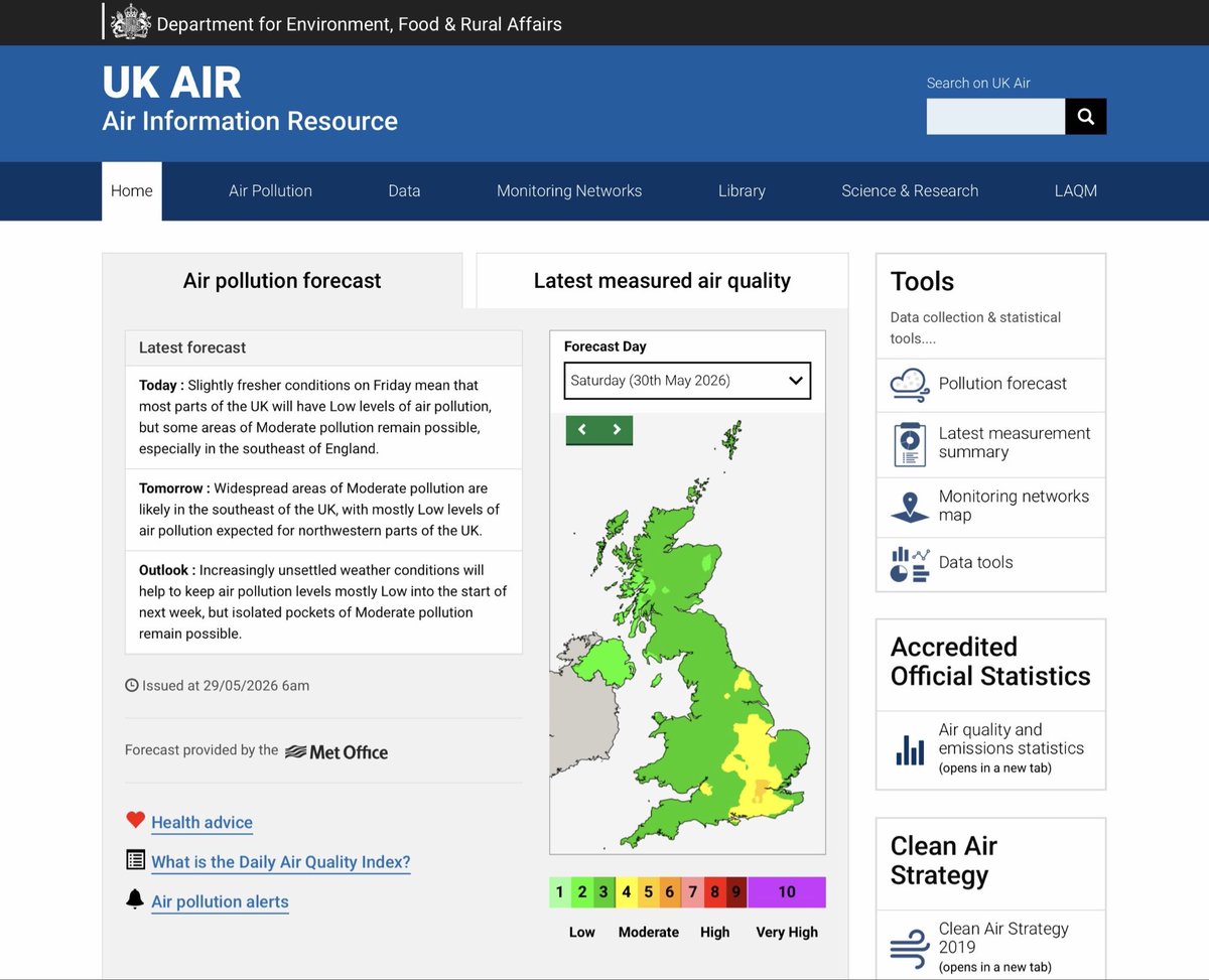 CleanAirLondon's tweet photo. @EmmaforWycombe @Keir_Starmer @UKHSA @metoffice @tobyperkinsmp @BarryGardiner @H_S_E @DefraGovUK @DefraCSA @CMO_England Update Fri 29 May 2026 | Widespread #CodeYellow MODERATE #AirPollution expected in south east England on Saturday. Patches possible on Friday and into early next week https://t.co/5iA796twpz