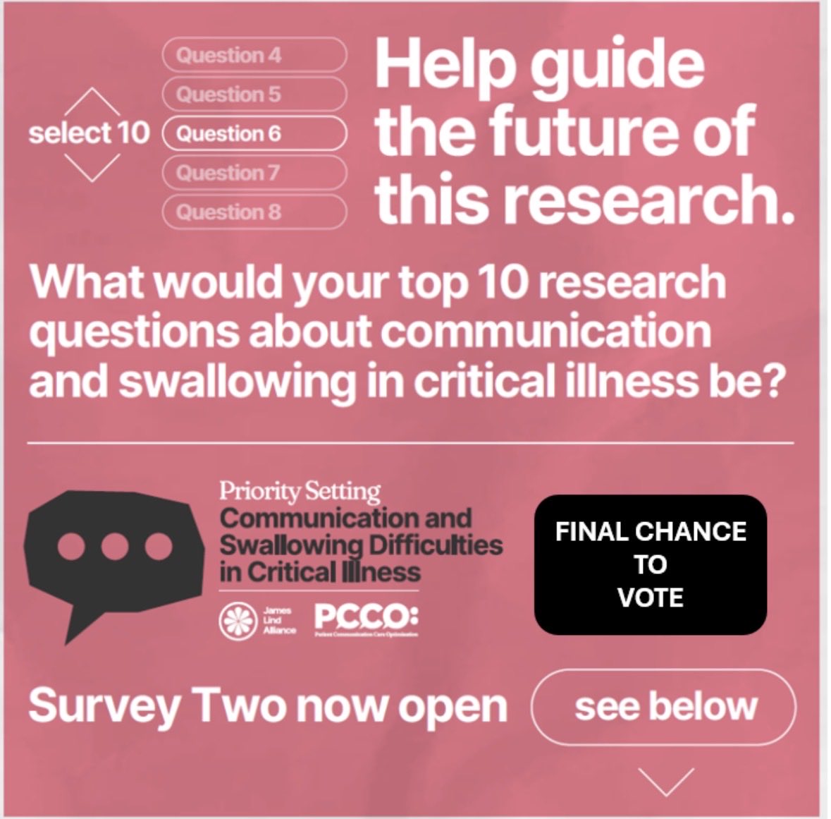 DrAmyFS's tweet photo. Last chance to vote!
 
If you’ve experienced critical illness, supported someone who has, or work in this area, we want to hear from you 
 
This is your chance to help shape future research priorities. 
 
👉Please vote before 31 May:
https://t.co/MjnrU17NTd
 
Thanks for sharing https://t.co/6WjqAEgT08