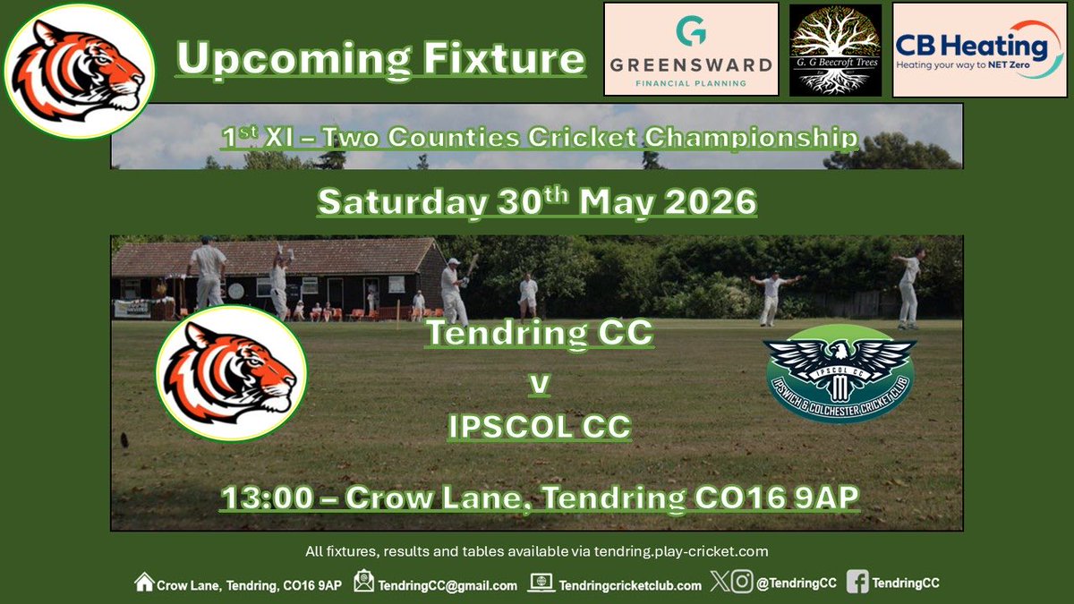 TendringCC's tweet photo. This week’s fixtures.  The 1st XI stay at home and play IPSCOL CC.  The Sunday XI travel to Harwich to play them in a development T30 game. https://t.co/x2jcBcv4bX