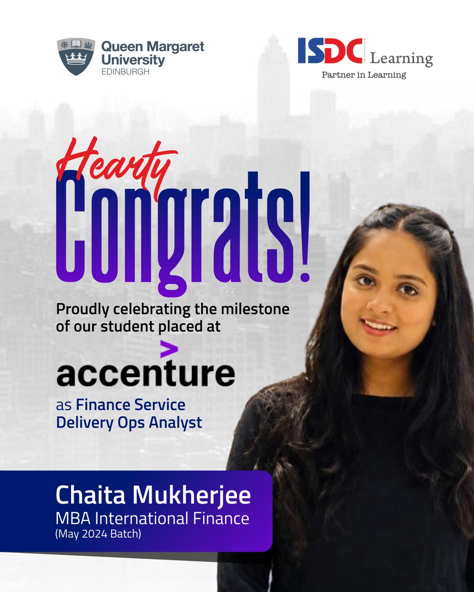 IsdcLearning's tweet photo. Success stories that inspire futures.

Heartiest congratulations to Chaitha Mukherjee, MBA International Finance (May 2024 Batch), on securing placement at Accenture as Finance Service Delivery Ops Analyst.

#PlacementSuccess #StudentAchievement #MBAFinance #CareerGrowth https://t.co/GjqGT4kwUY