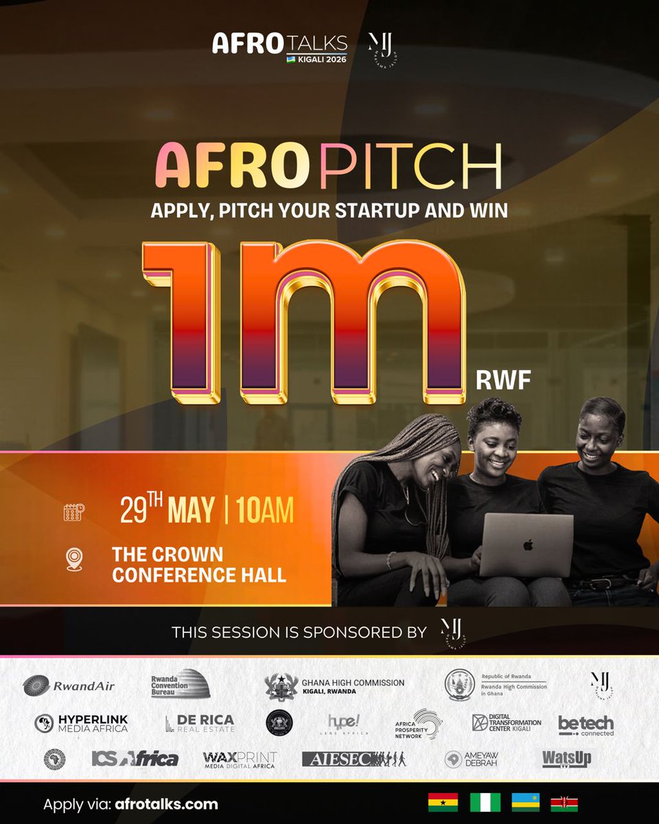 theafrotalks's tweet photo. Africa’s next big ideas take the stage TODAY.

#AfroPitch at #AfroTalksKigali2026 is officially here! Where bold African startups pitch, connect, and compete for 1M RWF.

📍 Crown Conference Hall, Kigali
🕙 10AM

The future of African innovation is not waiting.
 #AfricanDream https://t.co/BO8UR6luX7