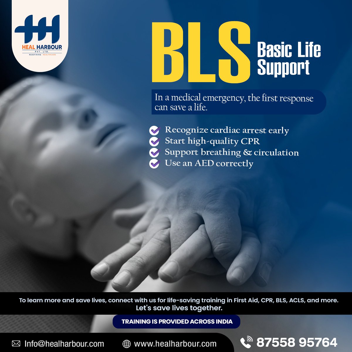 HarbourHeal's tweet photo. BLS – Basic Life Support

In a medical emergency, the first response can save a life.
Learn the skills that can make the difference between life and death.

📞 Join Heal Harbour's BLS Training Today: 87558 95764

#BLS #BasicLifeSupport #CPRTraining #AEDTraining #EmergencyCare https://t.co/lGRswAANVE