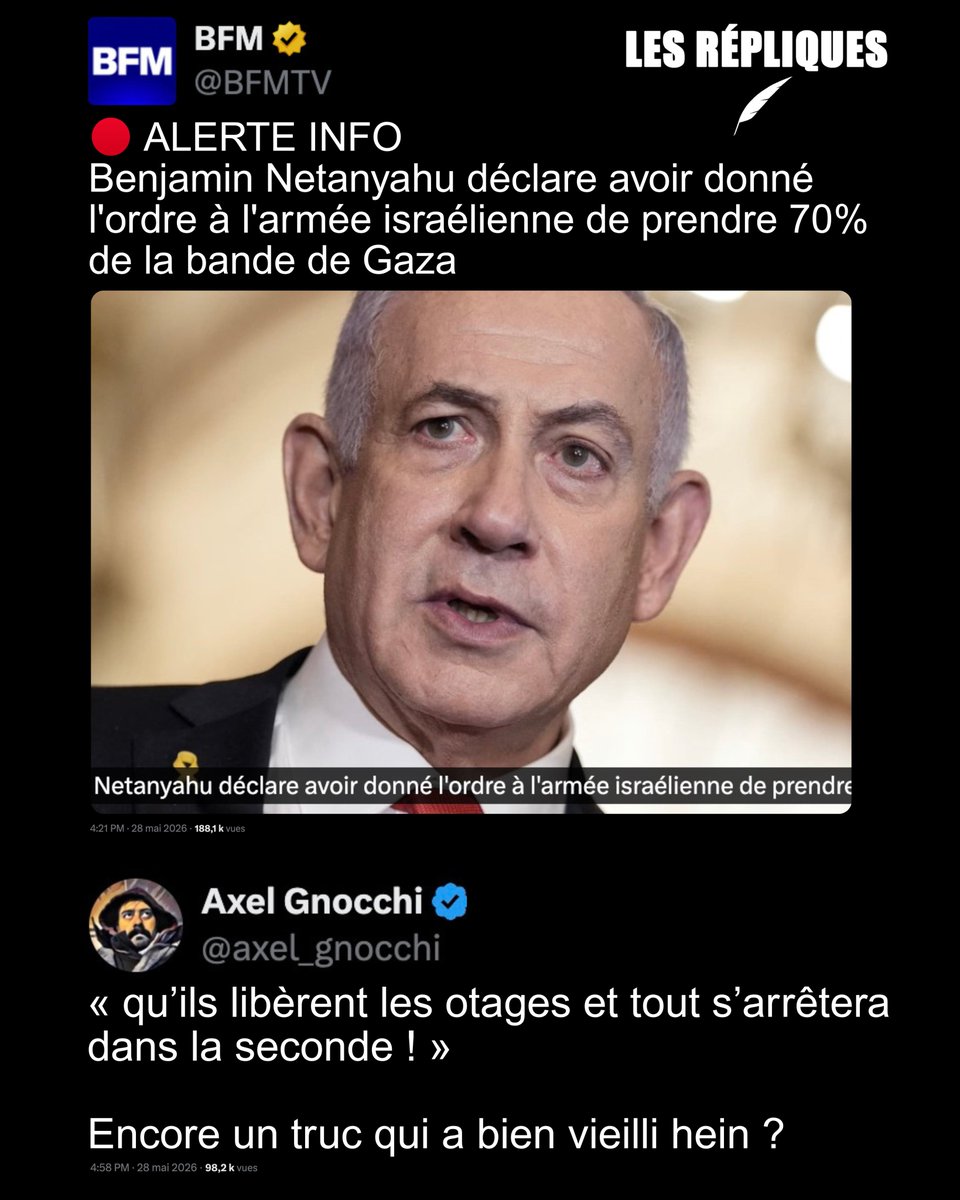 Les_Repliques's tweet photo. "Nous étions à 50%, nous sommes passés à 60%, ma directive est de passer à 70%" a déclaré le Premier ministre israélien Netanyahu à propos de l'occupation de Gaza

@axel_gnocchi https://t.co/TiP5z9b4sE