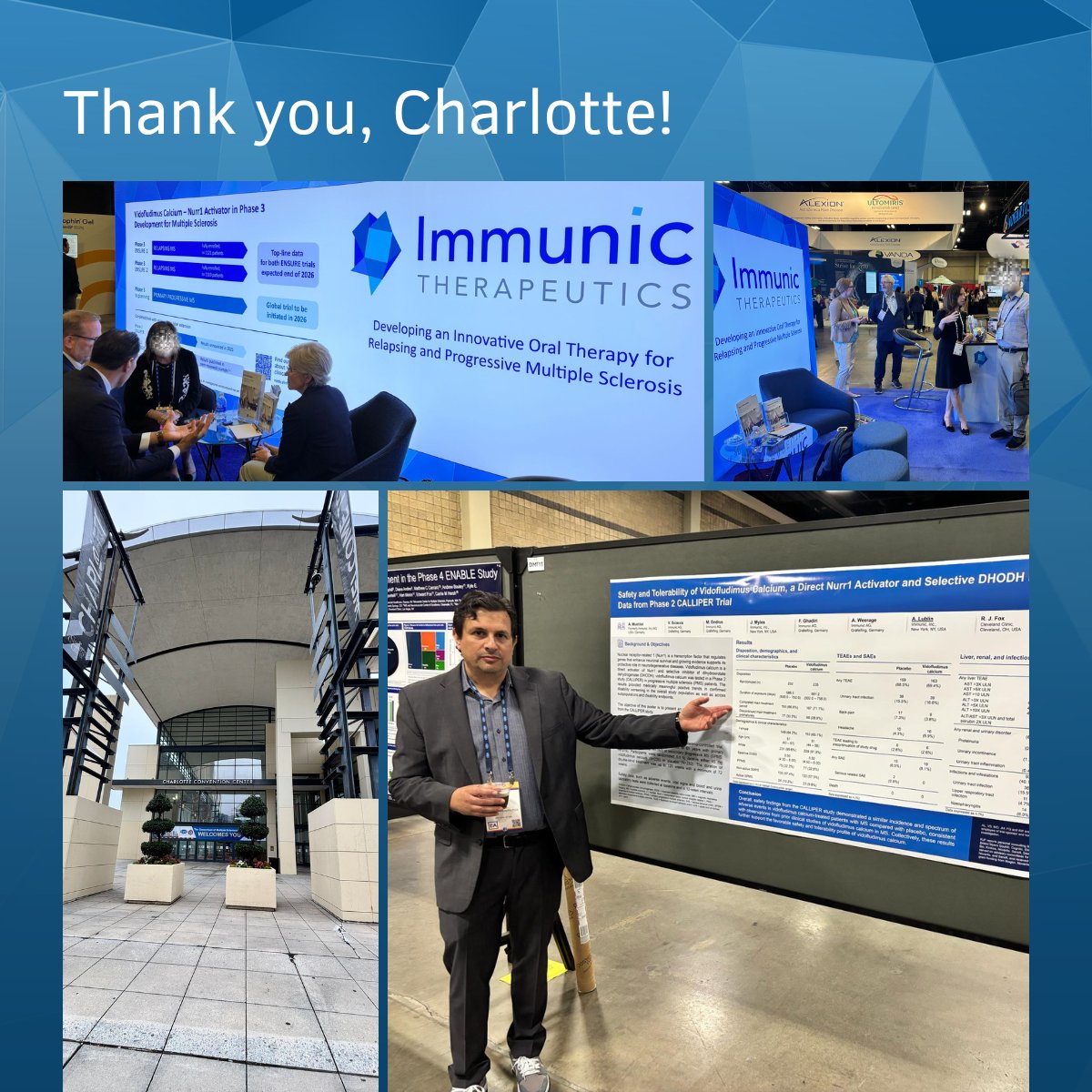 ImmunicInc's tweet photo. Thank you to everyone who connected with us at this year’s #CMSC Annual Meeting. It was a great opportunity to engage with the #MultipleSclerosis (#MS) community, exchange perspectives and discuss emerging research. 🤝

At our booth and during the poster sessions, we shared additional analyses from our phase 2 #CALLIPER trial evaluating #vidofludimus calcium in progressive MS (#PMS).

Highlights:
🧾 Our late-breaking poster introduced a novel unified endpoint for assessing confirmed disability changes in PMS trials

📊 Patient-reported outcome data from CALLIPER favored vidofludimus calcium over placebo

🛡️ Additional CALLIPER data supports the favorable #safety and #tolerability profile of vidofludimus calcium

Learn more about the data presented at CMSC: https://t.co/sFDfImBUef

@mscare #MSResearch #Neurology $IMUX #IMU838