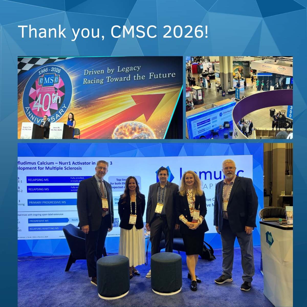 ImmunicInc's tweet photo. Thank you to everyone who connected with us at this year’s #CMSC Annual Meeting. It was a great opportunity to engage with the #MultipleSclerosis (#MS) community, exchange perspectives and discuss emerging research. 🤝

At our booth and during the poster sessions, we shared additional analyses from our phase 2 #CALLIPER trial evaluating #vidofludimus calcium in progressive MS (#PMS).

Highlights:
🧾 Our late-breaking poster introduced a novel unified endpoint for assessing confirmed disability changes in PMS trials

📊 Patient-reported outcome data from CALLIPER favored vidofludimus calcium over placebo

🛡️ Additional CALLIPER data supports the favorable #safety and #tolerability profile of vidofludimus calcium

Learn more about the data presented at CMSC: https://t.co/sFDfImBUef

@mscare #MSResearch #Neurology $IMUX #IMU838