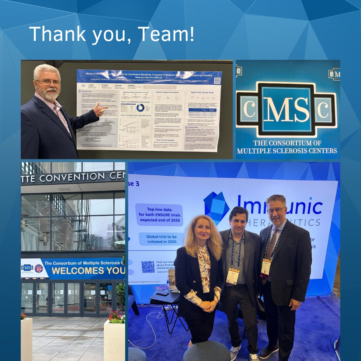 ImmunicInc's tweet photo. Thank you to everyone who connected with us at this year’s #CMSC Annual Meeting. It was a great opportunity to engage with the #MultipleSclerosis (#MS) community, exchange perspectives and discuss emerging research. 🤝

At our booth and during the poster sessions, we shared additional analyses from our phase 2 #CALLIPER trial evaluating #vidofludimus calcium in progressive MS (#PMS).

Highlights:
🧾 Our late-breaking poster introduced a novel unified endpoint for assessing confirmed disability changes in PMS trials

📊 Patient-reported outcome data from CALLIPER favored vidofludimus calcium over placebo

🛡️ Additional CALLIPER data supports the favorable #safety and #tolerability profile of vidofludimus calcium

Learn more about the data presented at CMSC: https://t.co/sFDfImBUef

@mscare #MSResearch #Neurology $IMUX #IMU838