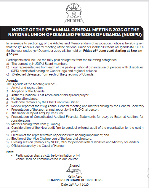 NUDIPU's tweet photo. 📢 NOTICE: 

NUDIPU Annual General Meeting 2026 will be held on 26th June 2026. 

Participation is strictly by invitation. Venue and further details will be communicated to invited participants in due course. #NUDIPU 
#AGM2026 https://t.co/S3LptMJIBH