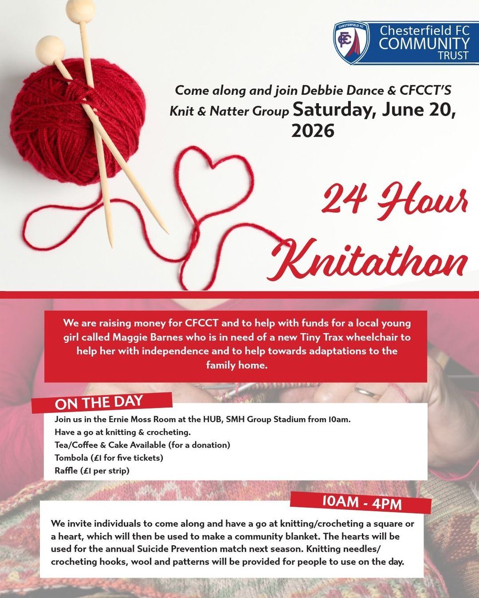 spireitestrust's tweet photo. The Trust's Debbie Dance and Knit &amp; Natter group are hosting a 24-hour knitathon on June 20 🧶⏰️  

You can read more, including how to donate, here ⬇️ 
https://t.co/5vD2keQ8kZ https://t.co/La5Nm9KSp9