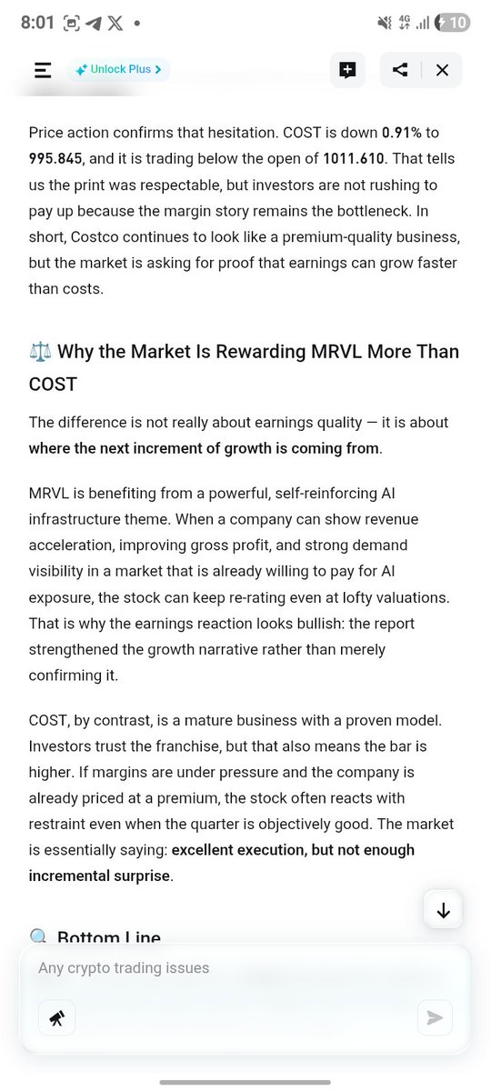asiwajubtc's tweet photo. Wow here we come again omg lol! 🤯 Earnings season is moving crazy rn. $MRVL just absolutely smashed it yesterday, and $COST is up next at 21:00 UTC. Madd volatility ahead! 🌪️

Here are the numbers:
🟢 $MRVL (Actual) : Rev = $2.418b (+28% YoY) ||  EPS = $0.80
🟡 $COST (Expected) : Rev = $69.3b (+9% YoY) || EPS = $4.56

I wasn't about to guess the next move, so I threw this into @Bitget's GetAgent to analyze the price action. Wtf the breakdown is sharp eh eh. 

According to GetAgent, $MRVL is getting a massive re-rating because of insane AI infrastructure demand, buyers are chasing the strength! Meanwhile, $COST is a premium stock, but the market is acting cautious because of margin pressures from transport/food costs.

But here I'm not just analysing I'm trading the moment and taking some profits 

Here's my Trading Strategy : LFG!!  I am going LONG on $MRVL, the AI narrative is too strong to fade. 

And as for $COST, I'm playing it cautious; if margins disappoint even slightly, I'm shorting the reaction. The best part? I'm setting my orders right now before traditional markets even open using Bitget 24/7 trading. 

My Bold Prediction is that $MRVL momentum continues and rips past $220 this week! $COST dips below $980 as investors take profit on margin fears.

If you are doubting you can check out my GetAgent prompt & analysis in the screenshots below!

What do you guys think? Are we pumping or dumping on these? Drop your $MRVL and $COST predictions below, let’s see who gets it right! 👀🗣️

#GetAgent #Trading