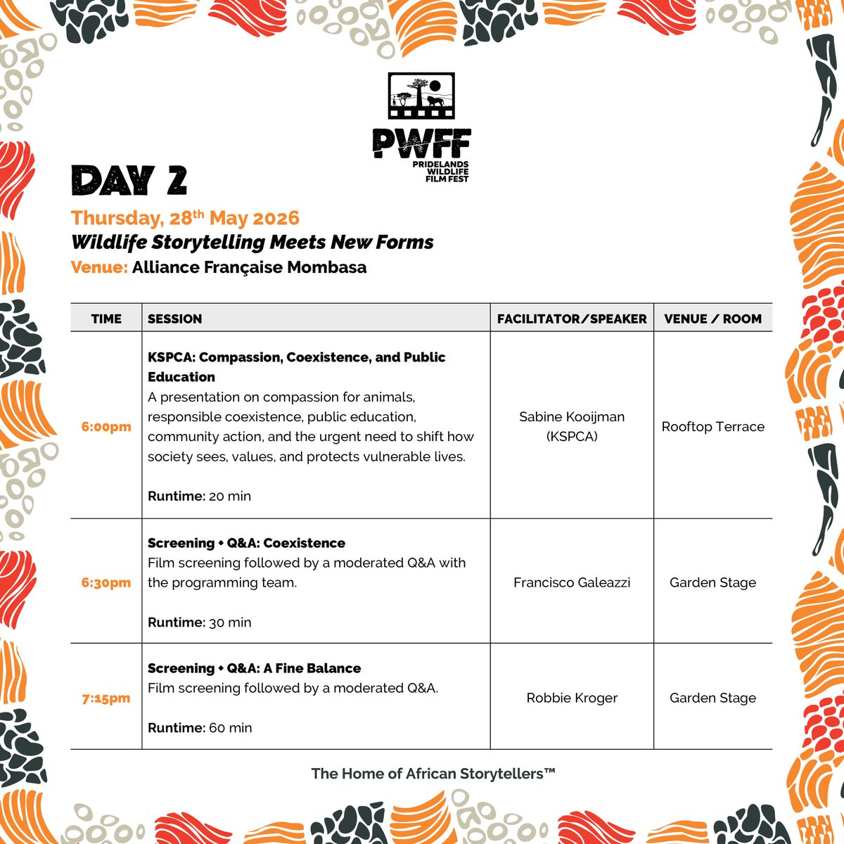 pwffest's tweet photo. Day 2 is where wildlife storytelling breaks boundaries. 🌍🎬

See you there. 🌊✨

#PWFF2026 #AfricanStoriesRising #WildlifeStorytelling #ConservationCinema #AfricanFilmmakers https://t.co/GjNiO5E6Ft