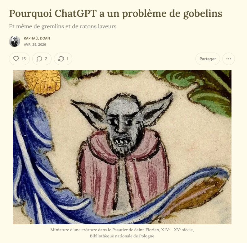 raphaeldoan's tweet photo. Alerte info: Claude Opus 4.8 est maintenant lui aussi obsédé par les gobelins, après GPT-5.5 https://t.co/80aG3184CI