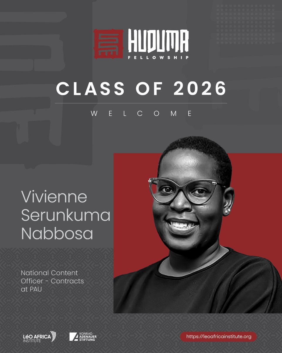 LeoAfricaInst's tweet photo. The LéO Africa Institute is proud to welcome 22 exceptional leaders into the 2026 Huduma Fellowship — public servants who are not just doing their jobs, but reimagining what service means. Over the coming days, meet the faces behind this cohort.

⚖️ Rachael Musinguzi, a Magistrate Grade One in the Uganda Judiciary, committed to being a new face of justice defined by integrity, impartiality, and genuine humanity behind every case file.

🛢️ Vivienne Serunkuma Nabbosa @VivienneNabbosa, a National Content Officer at the Petroleum Authority of Uganda, working at the crossroads of policy and economic empowerment to ensure Ugandans benefit meaningfully from their own natural resources.

🎓 Sheilla Oyella (@SheillaOyella), a lecturer in Leadership and Governance at Makerere University Business School, bridging the gap between theory and practice for thousands of students she shapes each year.

🏥 Ssebuganda Richard, a multi-disciplinary scholar pursuing law and medicine simultaneously while advocating for stronger professional structures and ethical leadership in Uganda's health and civil service sectors.

Through the Huduma Fellowship, the LéO Africa Institute brings together emerging public servants across sectors to deepen their leadership, build a community of purpose, and strengthen the institutions that serve Uganda's people.

The future of public service is being written, and these four are holding the pen. 🖊️

Welcome to the network. Welcome to #Huduma. 🤝

@KasUganda