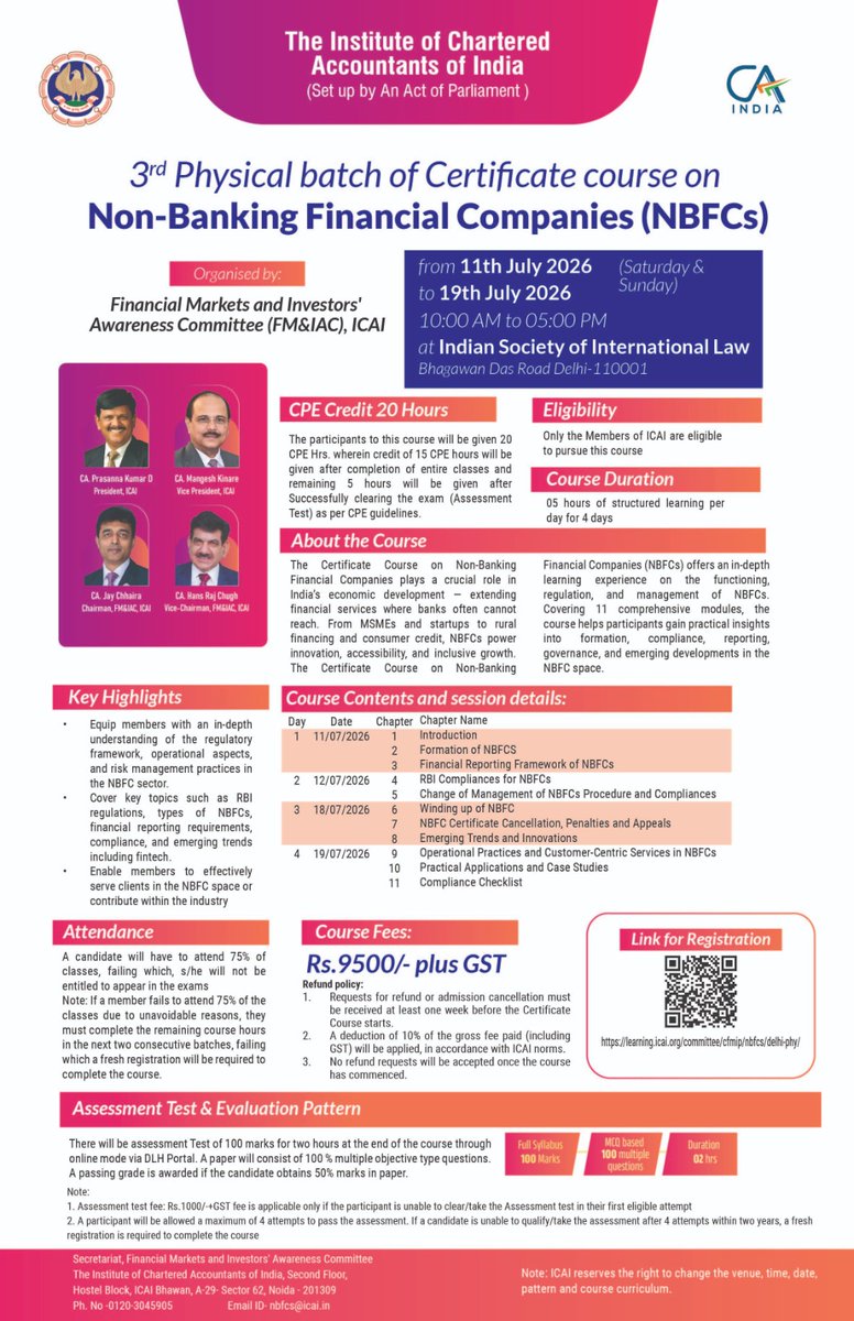CfmipICAI's tweet photo. 3rd Physical Batch of Certificate course on Non-Banking Financial Companies (NBFCs) - 11th July 2026 to 19th July 2026 (Saturday &amp; Sunday)- 10:00 AM to 5:00 PM IST
Registration Link: https://t.co/kwsafqVo6x https://t.co/rH17tzVGCX
